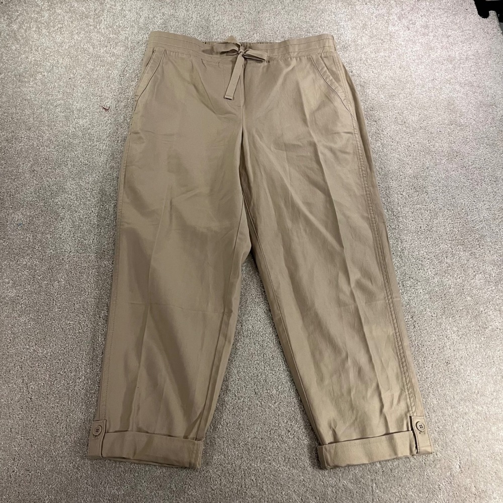 Talbots Crop Pants Womens 10 Khaki Cotton Tencel Drawstring Chino Cuffed